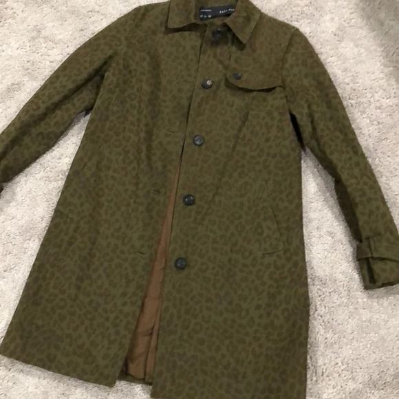 Zara Basic Glen Leopard Print Button Up Long Coat Green & Brown Size small - Picture 3 of 10